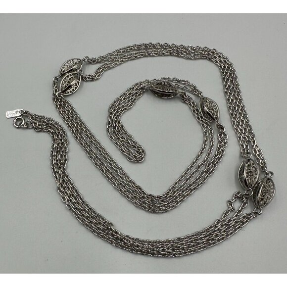 Vintage Monet Necklace Silver Tone Long Double Chain Filigree Station Beads 54" - Picture 1 of 9